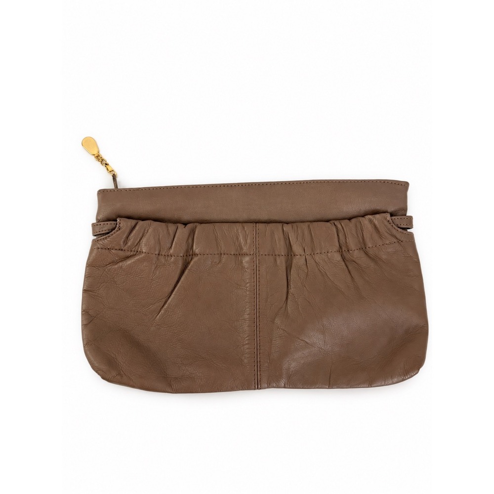 Contessa Clutch Purse Womens OS Brown Genuine Leather Ruched Vintage 80s Minimal